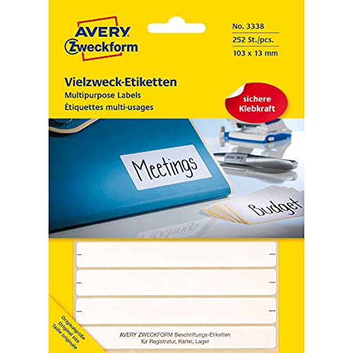 Avery Zweckform 3338 Haushaltsetiketten selbstklebend (103 x 13 mm, 252 Aufkleber auf 28 Bogen, Vielzweck-Etiketten für Haushalt, Schule und Büro zum Beschriften und Kennzeichnen) blanko, weiß von AVERY Zweckform