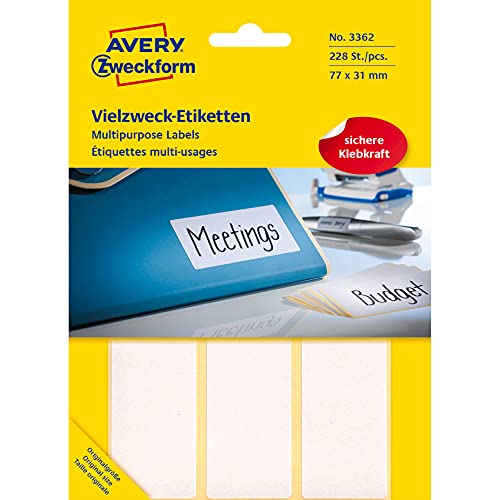 Avery Zweckform 3362 Haushaltsetiketten selbstklebend 228 Stück (77x31mm, 38 Bogen mit je 6 Aufklebern, Vielzweck-Etiketten für Haushalt, Schule und Büro zum Beschriften und Kennzeichnen) blanko, weiß von AVERY Zweckform