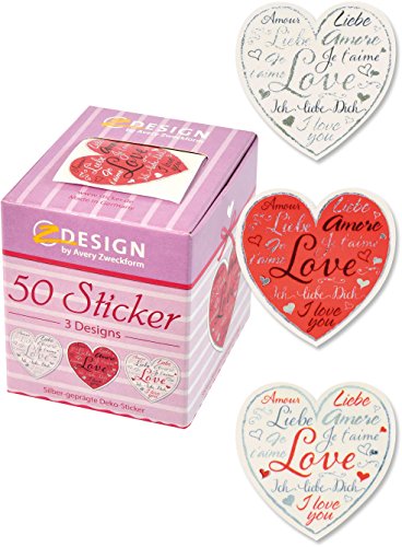 AVERY Zweckform 56813 Sticker auf Rolle (ø 38mm, Love Herzen, Ich liebe dich, I love you) 50 Aufkleber im Spender, 4004182568132 von Avery