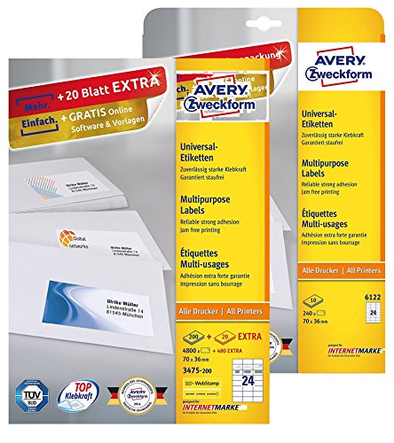 Avery Zweckform 6122-3475 Adressetiketten (A4, Papier matt, 5520 Etiketten, 70 x 36 mm) von AVERY Zweckform