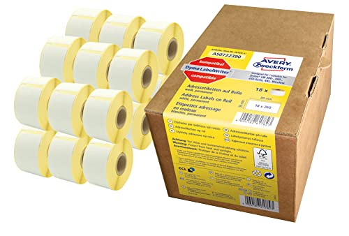 AVERY Zweckform AS0722390 Dymo LabelWriter Adressetiketten kompatibel zu S0722390 (36x89mm, 18 Rollen|4.680 Aufkleber, selbstklebend, für LW Dymo Etikettendrucker/Beschriftungsgerät/Etikettenband) von Avery