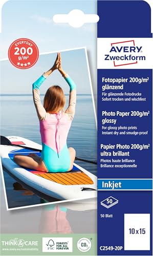 Avery Zweckform Art. C2549-20P Everyday Inkjet Fotopapier (50 Blatt, 200 g/m², 10x15cm, glänzende Fotokarten, einseitig beschichtet, sofort trocken & wischfest, Fotoblätter für Inkjet-Drucker) weiß von AVERY Zweckform