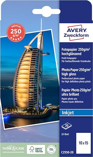 Avery Zweckform Art. C2550-20 Premium Inkjet Fotopapier (20 Blatt, 250 g/m², 10x15cm, hochglänzende Fotokarten, einseitig beschichtet, sofort trocken & wischfest, Fotoblätter für Inkjet-Drucker) weiß von AVERY Zweckform