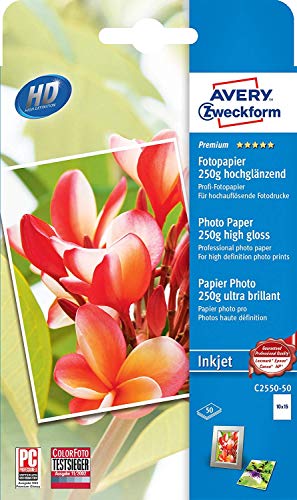 Avery Zweckform Art. C2550-50 Premium Inkjet Fotopapier (50 Blatt, 250 g/m², 10x15cm, hochglänzende Fotokarten, einseitig beschichtet, sofort trocken & wischfest, Fotoblätter für Inkjet-Drucker) weiß von AVERY Zweckform