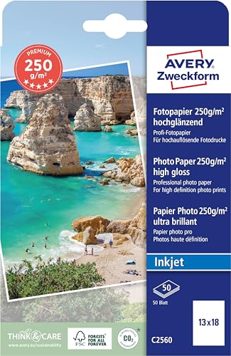 Avery Zweckform Art. C2560 Premium Inkjet Fotopapier (50 Blatt, 250 g/m², 13x18cm, hochglänzende Fotokarten, einseitig beschichtet, sofort trocken & wischfest, Fotoblätter für Inkjet-Drucker) weiß von AVERY Zweckform