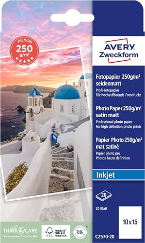 Avery Zweckform Art. C2570-20 Premium Inkjet Fotopapier (20 Blatt, 250 g/m², 10x15cm, seidenmatte Fotokarten, einseitig beschichtet, sofort trocken & wischfest, Fotoblätter für Inkjet-Drucker) weiß von AVERY Zweckform