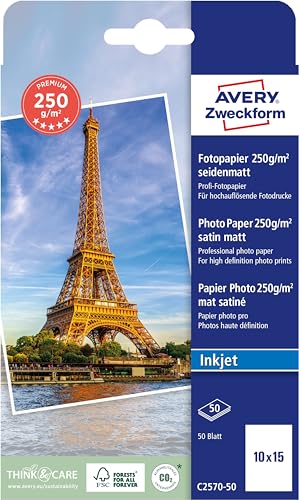 Avery Zweckform Art. C2570-50 Premium Inkjet Fotopapier (50 Blatt, 250 g/m², 10x15cm, seidenmatte Fotokarten, einseitig beschichtet, sofort trocken & wischfest, Fotoblätter für Inkjet-Drucker) weiß von AVERY Zweckform