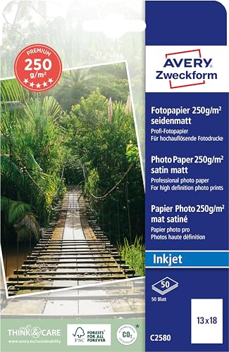 Avery Zweckform Art. C2580 Premium Inkjet Fotopapier (50 Blatt, 250 g/m², 13x18cm, seidenmatte Fotokarten, einseitig beschichtet, sofort trocken & wischfest, Fotoblätter für Inkjet-Drucker) weiß von AVERY Zweckform