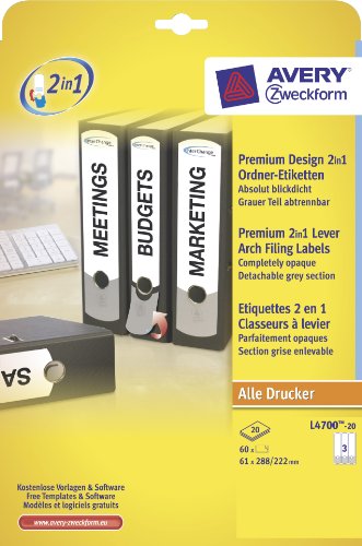 Avery Zweckform L4700-20 Premium Design 2in1 Ordner-Etiketten, blickdicht, 288 x 61 mm, 20 Blatt/60 Etiketten, weiß, grau von AVERY Zweckform