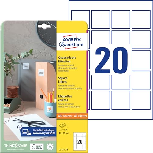 AVERY Zweckform L7121-25 Quadratische Etiketten (500 Klebeetiketten, 45x45mm auf A4, QR Code Aufkleber zum Bedrucken, selbstklebend, permanent haftende QR Code Etiketten) 25 Blatt, weiß von AVERY Zweckform