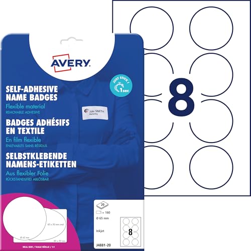 Avery Zweckform J4881-20 Namensetiketten (160 Namensaufkleber rund, Ø65mm auf A4, selbstklebend, bedruckbare runde Textiletiketten für Inkjetdrucker, rückstandsfrei ablösbar) 20 Blatt, weiß von AVERY Zweckform