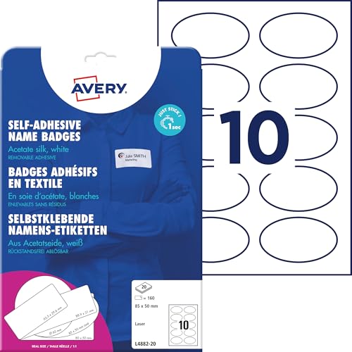 Avery Zweckform L4882-20 Namensetiketten (200 Namensaufkleber, 85x50mm auf A4, selbstklebend, bedruckbare Textiletiketten aus Acetatseide für Laserdrucker, rückstandsfrei ablösbar) 20 Blatt, weiß von AVERY Zweckform