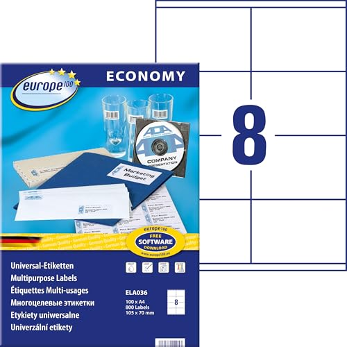 Europe100 Art. ELA036 Universal Etiketten (800 Klebeetiketten, 105x70mm auf A4, Papier matt, individuell bedruckbar, selbstklebende Versandaufkleber, kompatibel zu AVERY 3426) 100 Blatt, weiß von AVERY Zweckform