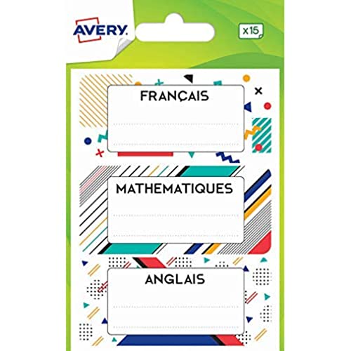 AVERY - Vorgedruckte Etiketten für Schulmaterialien, grafisches Design, Format 76 x 34 mm, mehrfarbig, 15 Stück von Avery