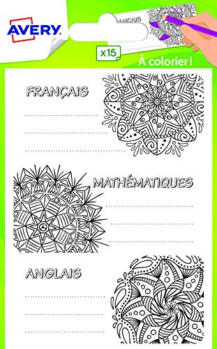 AVERY - Packung mit 15 Fantasie-Etiketten für Schulmaterialien, vorgedrucktes Maldesign, Format 76 x 34 mm, mehrfarbig von Avery