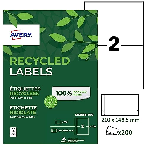 AVERY - Beutel mit 200 Etiketten aus 100% recyceltem Recyclingpapier, personalisierbar, bedruckbar, Format 210 x 148,5 mm, Laser- und Tintenstrahldruck (LR3655-100) von Avery