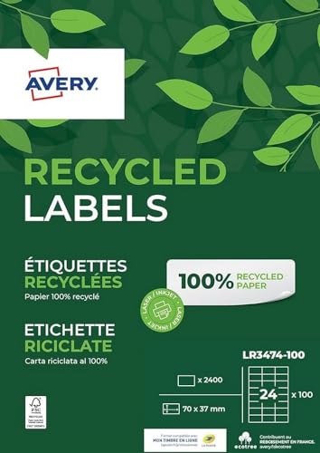 AVERY - Box mit 2400 Etiketten, 100% recycelt, selbstklebend, personalisierbar, bedruckbar, Format 70 x 37 mm, scharfe Ecken, Laser- und Tintenstrahldruck (LR3474-100) von Avery