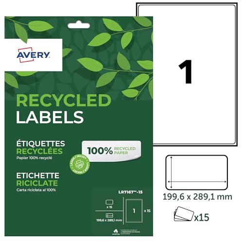 AVERY - 100% recycelte Etiketten, selbstklebend, personalisierbar und bedruckbar, 199,6 x 289,1 mm, für Laser- und Tintenstrahldrucker (LR7167-15) von Avery