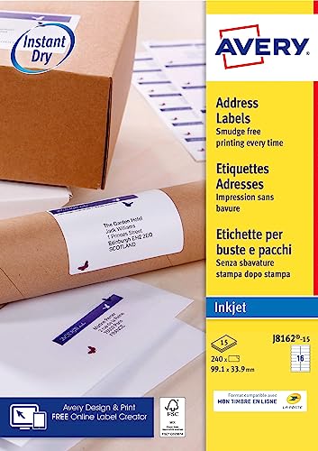 AVERY - Packung mit 240 selbstklebenden Adressaufklebern, personalisierbar und bedruckbar, Format 99,1 x 33,9 mm, Tintenstrahldruck, (J8162-15) von Avery