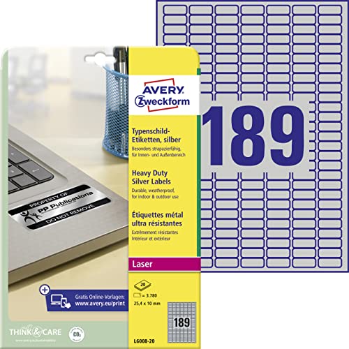 AVERY Zweckform L6008-20 Typenschild Folienetiketten (3.780 Aufkleber, 25,4x10mm auf A4, stark selbstklebend, strapazierfähig, wetterfest, bedruckbare Klebefolie, blanko) 20 Blatt, silber von AVERY Zweckform