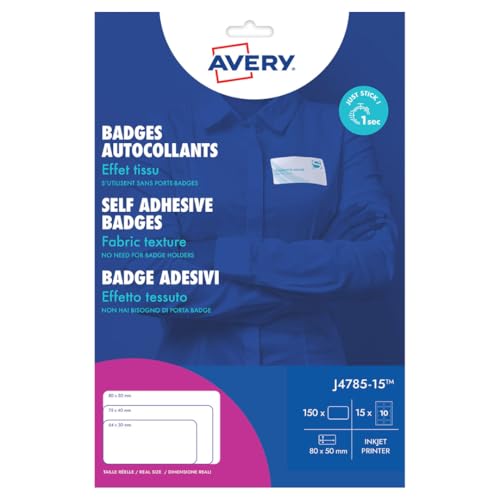 Avery – 150 Namensschilder bedruckbar für Textilien, aus weißem Polyester, Format 80 x 50 mm, Tintenstrahldruck, (J4785-15) von Avery