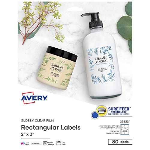 Avery Bedruckbare rechteckige Etiketten, 5,1 x 7,6 cm, glänzend, kristallklar, 80 anpassbare Etiketten (22822) von Avery