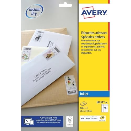 Avery – 240 Briefmarken-Etiketten zum Selberbedrucken, für Tintenstrahldrucker, 63,5 x 33,9 mm, Weiß von Avery