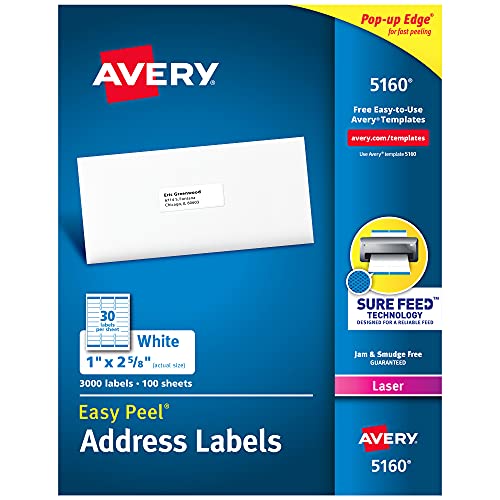 Avery 05160 Adress-Etiketten, leicht abziehbar, mit sicherem Einzug, 2,5 x 7,1 cm, Weiß, 3.000 Blanko-Etiketten von Avery