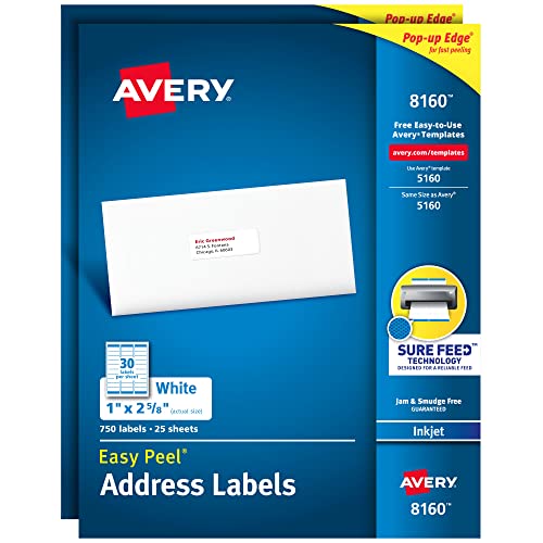 Avery 8160 Easy Peel Adress-Etiketten für Tintenstrahldrucker, 1 x 2 5/8 Zoll, Weiß, 750 Stück (2 Stück) von Avery