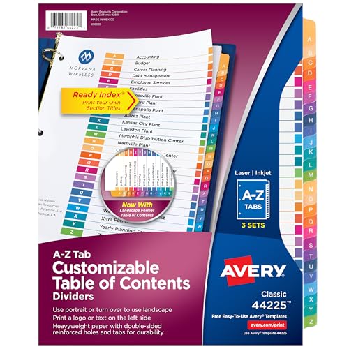 Avery A-Z Tab-Trennblätter für 3 Ringbücher, anpassbares Inhaltsverzeichnis, mehrfarbige Tabs, 3 Sets (44225) von Avery