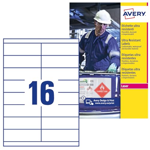 Avery B5274–50 A4 Ultra robuste Wasserdicht GHS Etiketten, bs5609 zertifiziert, für alle Drucker, 52 x 74 mm, weiß von Avery