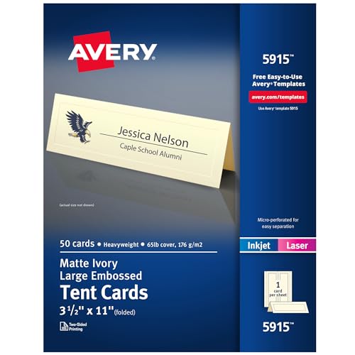 Avery Bedruckbare Zeltkarten, 8,9 x 27,9 cm, elfenbeinfarben mit geprägtem Rand, 50 leere Tischkarten für Laser- oder Tintenstrahldrucker (5915) von Avery