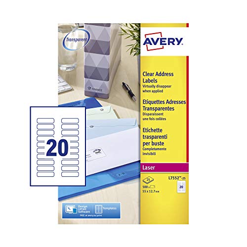 Avery Clear Addressing Labels Laser 20 per Sheet 55x12.7mm Ref L7552-25 [500 Labels] von AVERY