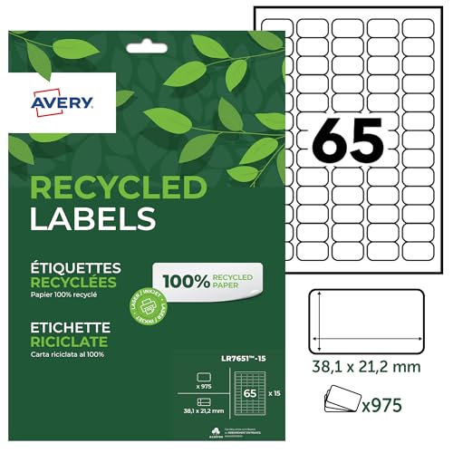 AVERY - 975 Etiketten, 100% recycelt, selbstklebend, individuell bedruckbar, Format 38,1 x 21,2 mm, Laser- und Inkjetdruck, (LR7651-15) von Avery