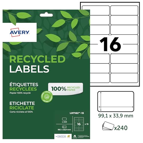 AVERY - Packung mit 240 Etiketten, 100% recycelt, selbstklebend, individuell bedruckbar, Format 99,1 x 33,9 mm, Laser- und Inkjet-Druck, (LR7162-15) von Avery