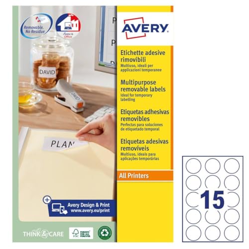 Avery L4853REV-25 Etiketten, abnehmbar, bedruckbar, Mehrzweck-Etiketten, verschiedene Oberflächen, Ø 51 mm, Weiß, 15 Etiketten pro Blatt, 375 Blanko-Etiketten pro Packung von Avery