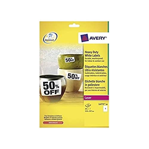 Avery L4775-20 – 20 Klebeetiketten, strapazierfähig, 210 x 297 mm, Weiß, Laserdruck von Avery