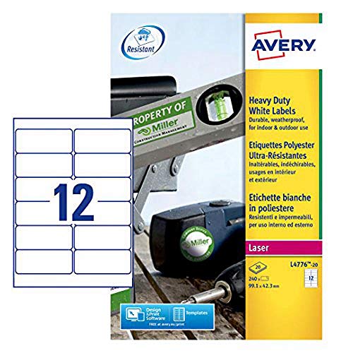 Avery L4776-20 Etiketten sehr widerstandsfähig für Laserdrucker 99,1 x 42,3 mm 240 Stück Weiß von Avery