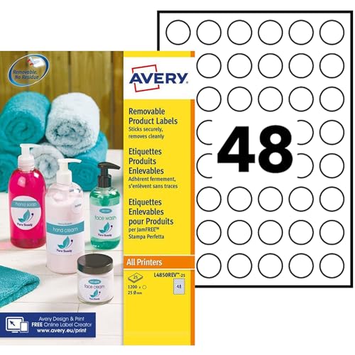 Avery Drucker-Etiketten, rund, abnehmbar, 1200 weiße Etiketten – 48 Etiketten pro Blatt von Avery