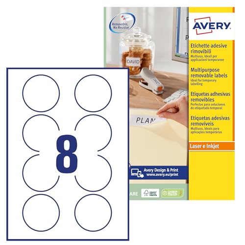 Avery L4852REV Selbstklebende runde Etiketten, alle Drucker, 8 Etiketten pro A4-Bogen, 200 Etiketten, weiß von Avery