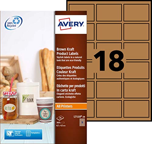 Avery L7110-20 selbstklebende braune Kraftpapier-Etiketten, 18 Etiketten pro A4-Bogen von Avery