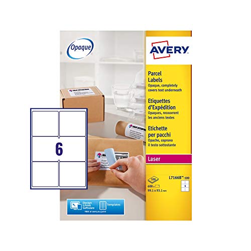 Avery L7166B Selbstklebende Paket-Etiketten, Laserdrucker, 6 Etiketten pro A4-Blatt, 600 Etiketten, BlockOut von Avery