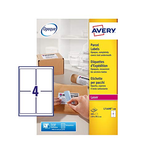 Avery L7169B Selbstklebende Paketetiketten, Laserdrucker, 4 Etiketten pro A4-Blatt, 400 Etiketten, BlockOut von Avery