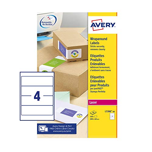 Avery L7200 Selbstklebende Wickeletiketten, Laserdrucker, 4 Etiketten pro A4-Blatt, 160 Etiketten, Weiß von Avery