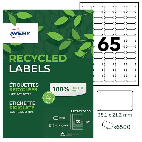 Avery LR7651-100 Klebeetiketten, 38,1 x 21,2 mm, aus zu 100% recycelten Materialien, 6.500 Stück von Avery