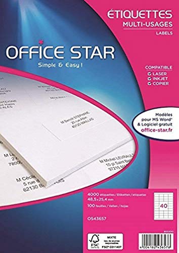 Avery Office Star Mehrzweck-Etiketten, 48,5 x 25,4 mm, Karton mit 4.000 Stück, weiß von Office Star Products