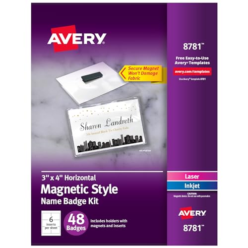 Avery Personalisierbare Namensschilder mit Magneten, 7,6 x 10,2 cm, klare Namensschild-Halter mit weißen bedruckbaren Einsätzen, 48 magnetische Namensschilder (8781) von Avery