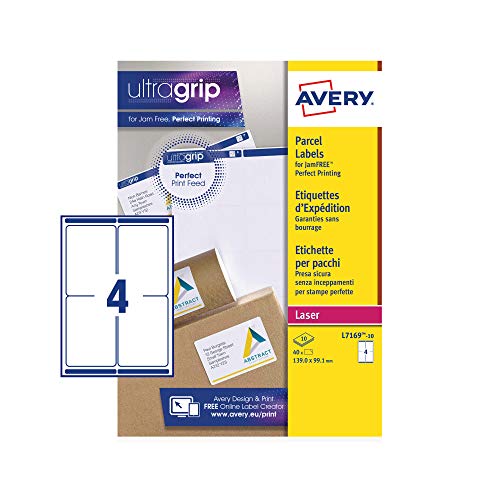 Avery Bedruckbare personalisierbare Adress-Versand-Etiketten, Laserdrucker, 4 Etiketten pro A4-Blatt, 40 Etiketten, UltraGrip (L7169), Weiß, 139 x 99,1 mm von Avery