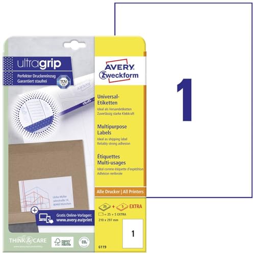 Avery-Zweckform 6119 Etiketten 210 x 297 mm Papier Weiß 30 St. Permanent Universal-Etiketten Tinte, Laser, Kopie 30 Bla von Avery