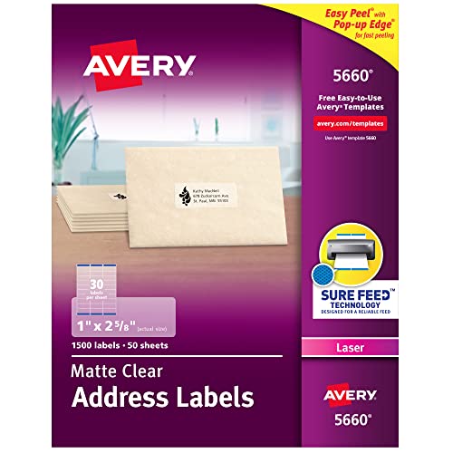 Avery Adress-Etiketten für Laserdrucker, transparent, 1 x 6,4 cm, 1.500 Stück, 5 Stück (5660) von AVERY